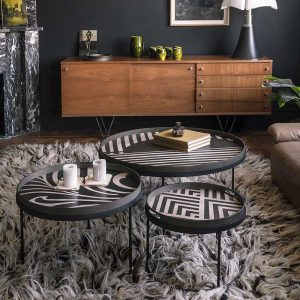 20932 Graphite Chevron Tray & 20936 Folk tray & 20937 Asymmetric dot tray on round tray table sets