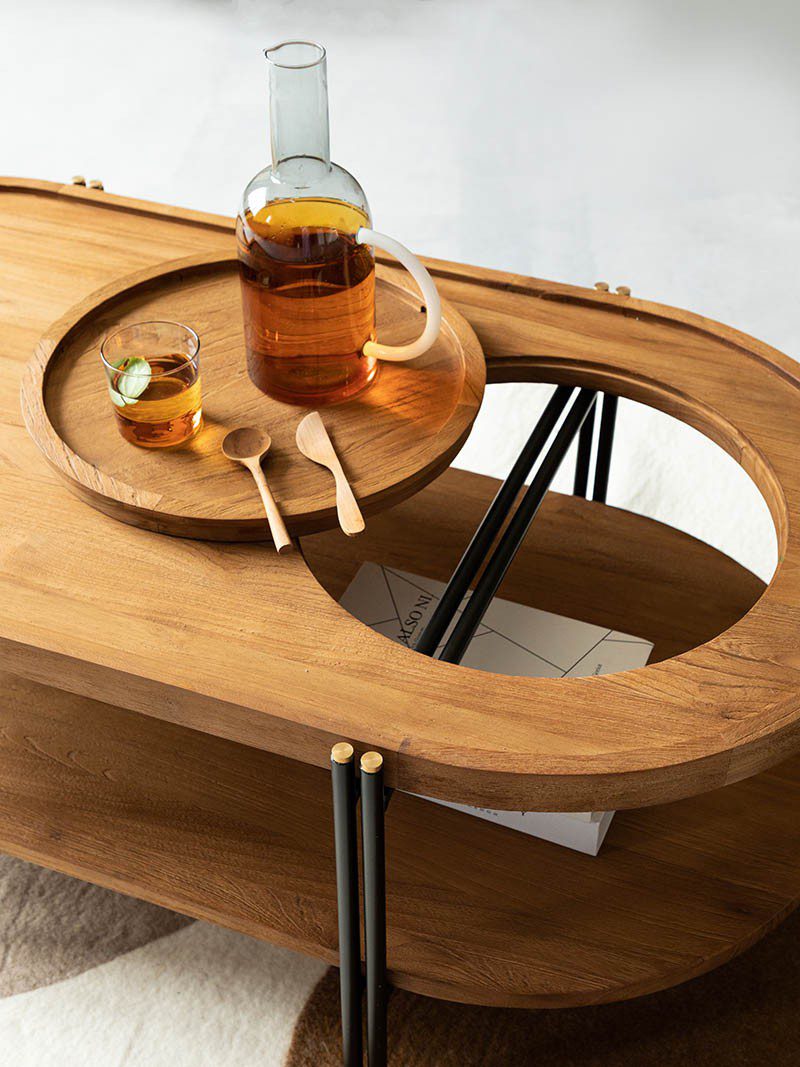 咖啡桌, dBodhi 工業風家具, 靈魂老柚木家具 Coco 寧靜韶光楕圓雙層茶几-11